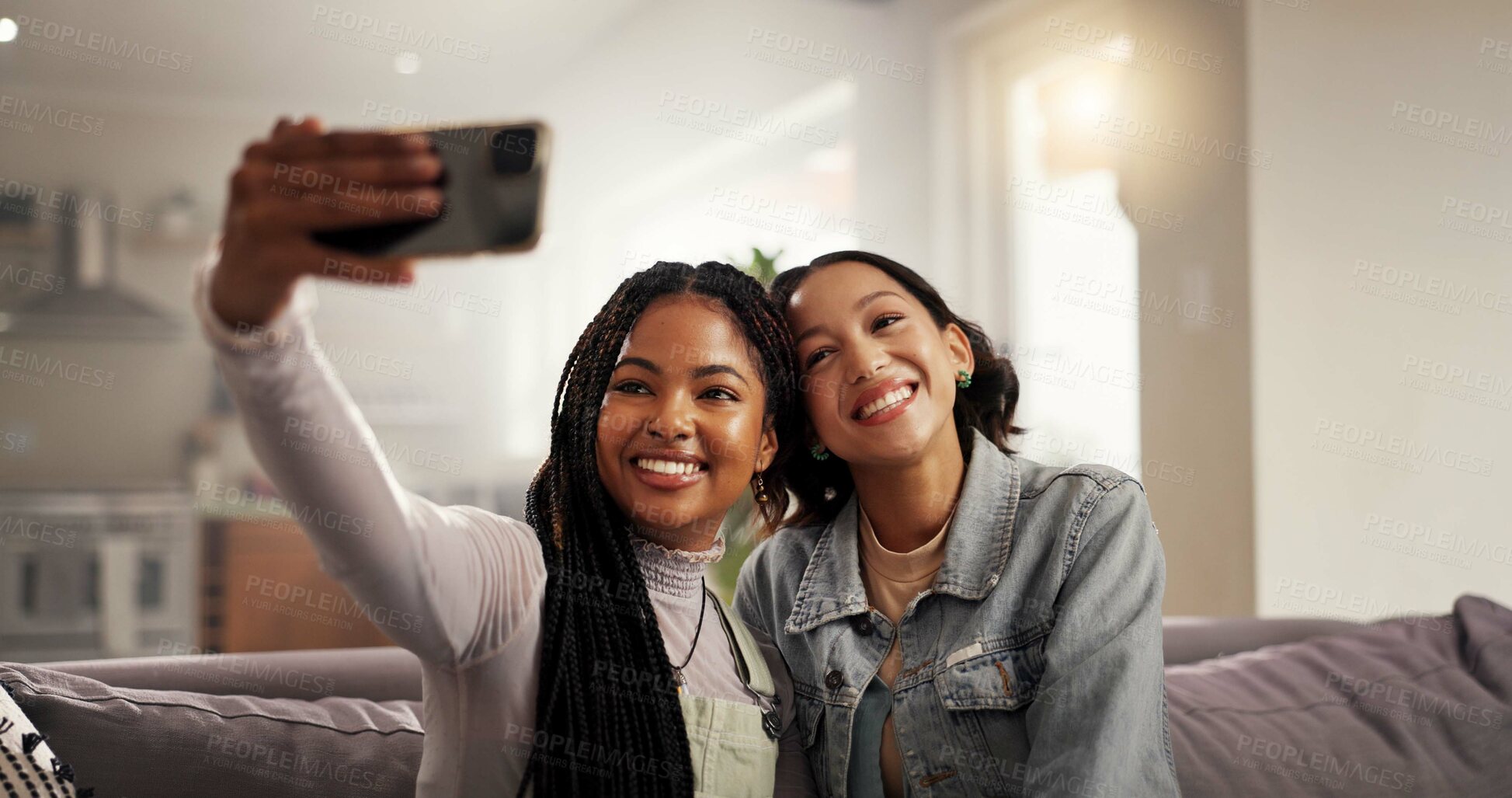 Buy stock photo Happy women, friends and sofa with hug for selfie, picture or photography together at home. Female people, embrace or smile with joy in comfort for capture moment, social media or post at house