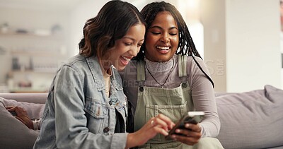 Buy stock photo Browsing, friends and women with smartphone, lounge and laughing at gossip on social media and home. Bonding, smile and people with mobile for funny news on post, living room and together in house