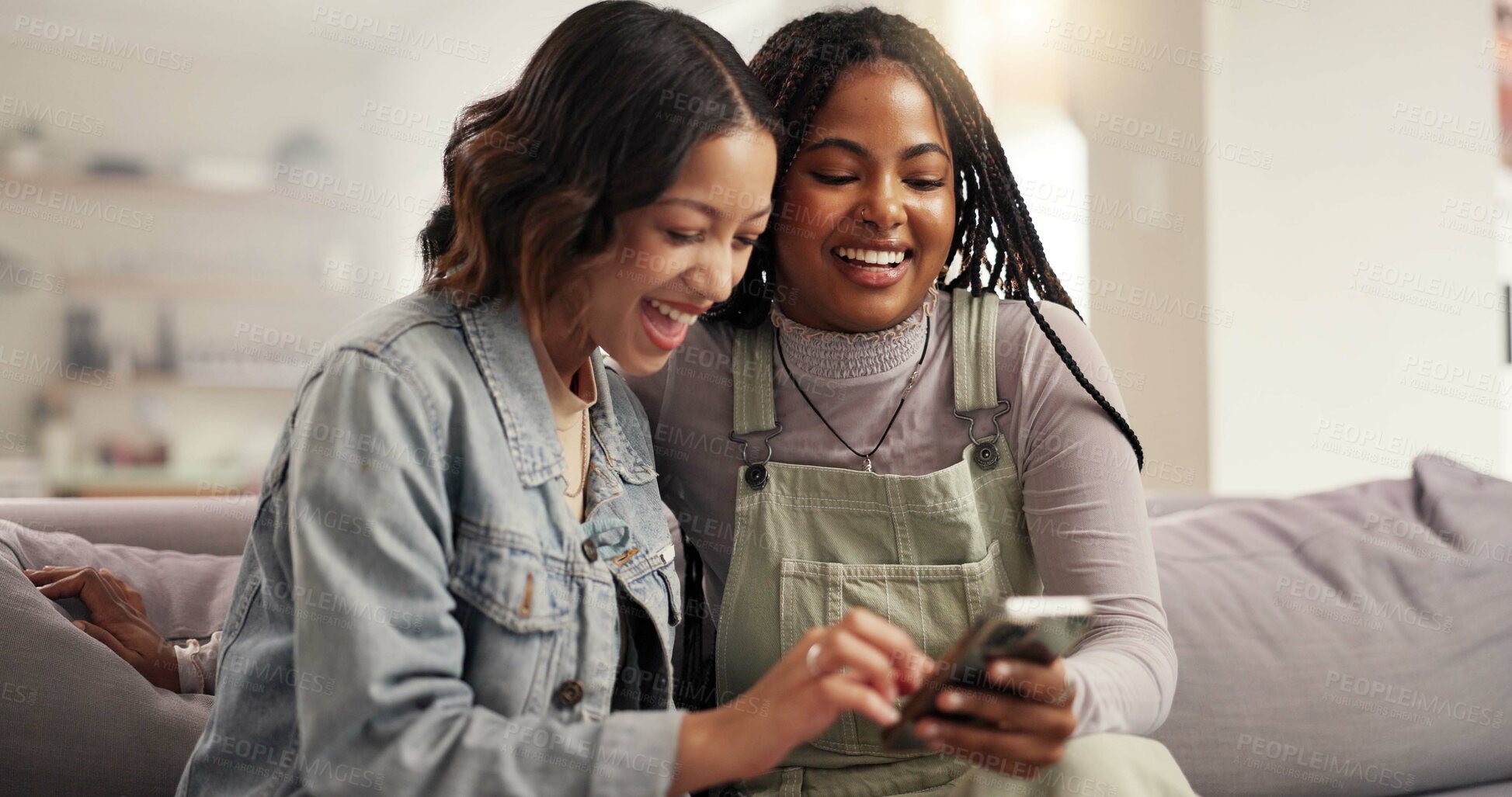 Buy stock photo Browsing, friends and women with smartphone, lounge and laughing at gossip on social media and home. Bonding, smile and people with mobile for funny news on post, living room and together in house