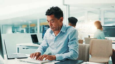 Buy stock photo Programmer, man and typing on computer in office for software development, code debugging and testing app. Professional, employee and technology for database troubleshooting and system maintenance