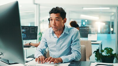 Buy stock photo Coding, man and typing on computer in office for app development, software maintenance and testing website. Professional, employee and technology for database troubleshooting, programming and update