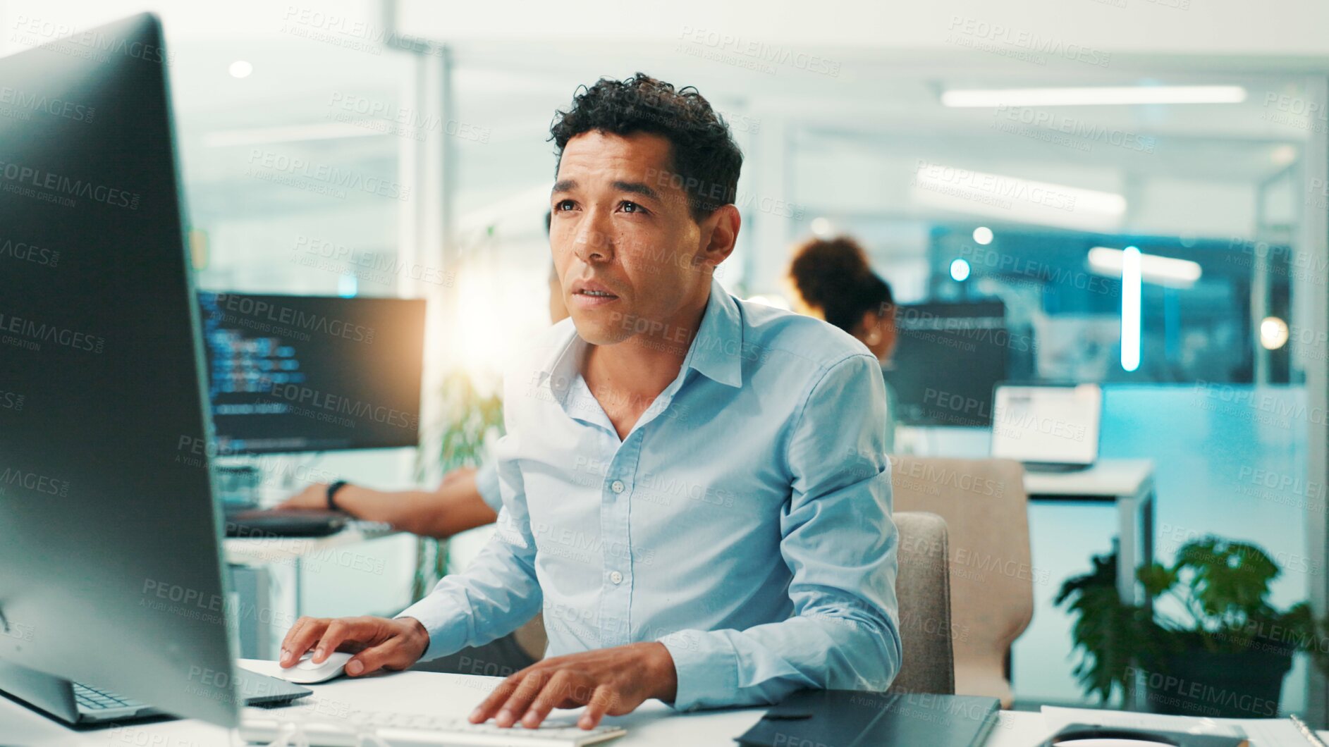 Buy stock photo Programmer, man and reading computer in office for software development, typing code or app testing. Programming, employee and technology for database troubleshooting, system maintenance or debugging