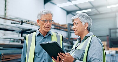 Buy stock photo People, engineer and talking with tablet at factory for planning, supply chain and inventory management. Mature staff, team and digital for manufacturing, logistics feedback and production checklist
