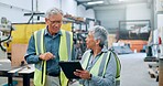 People, engineer and meeting with tablet at factory for planning, supply chain and inventory management. Mature staff, team and digital for manufacturing, logistics feedback and production checklist