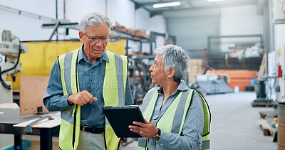 Buy stock photo People, engineer and meeting with tablet at factory for planning, supply chain and inventory management. Mature staff, team and digital for manufacturing, logistics feedback and production checklist