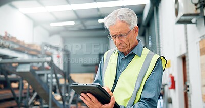 Buy stock photo Man, engineer and tablet in factory for automation, distribution schedule and task checklist. Mature operator, tech and reading in warehouse for inspection notes, industrial plant and manufacturing