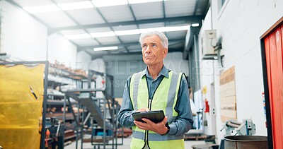 Buy stock photo Man, engineer and thinking with tablet for manufacturing, distribution schedule and problem solving. Mature operator, tech and idea in factory for inspection, industrial plant and automation software