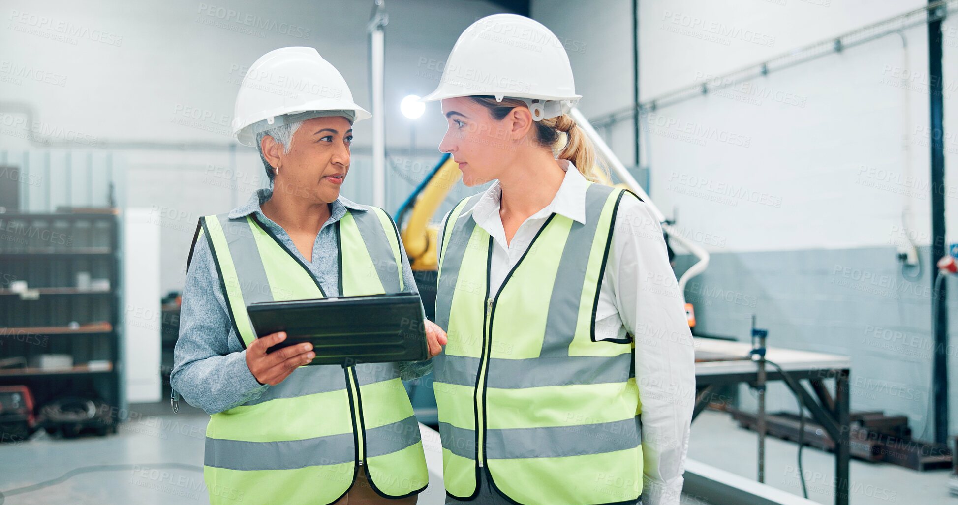 Buy stock photo People, robotics and teamwork in factory, tablet and conversation with online schedule. Employees, engineering and women with inspection, tech and meeting with app, design review or software update