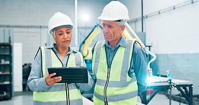 Buy stock photo People, robotics and teamwork in lab, tablet and conversation with online schedule. Employees, engineering and workers in factory, technician and meeting with digital app, design review or inspection