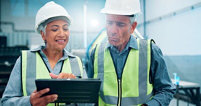 Buy stock photo People, robotics and conversation in factory, tablet and planning with software update. Employees, engineering and workers in lab, technician and advice with digital app, design review or inspection