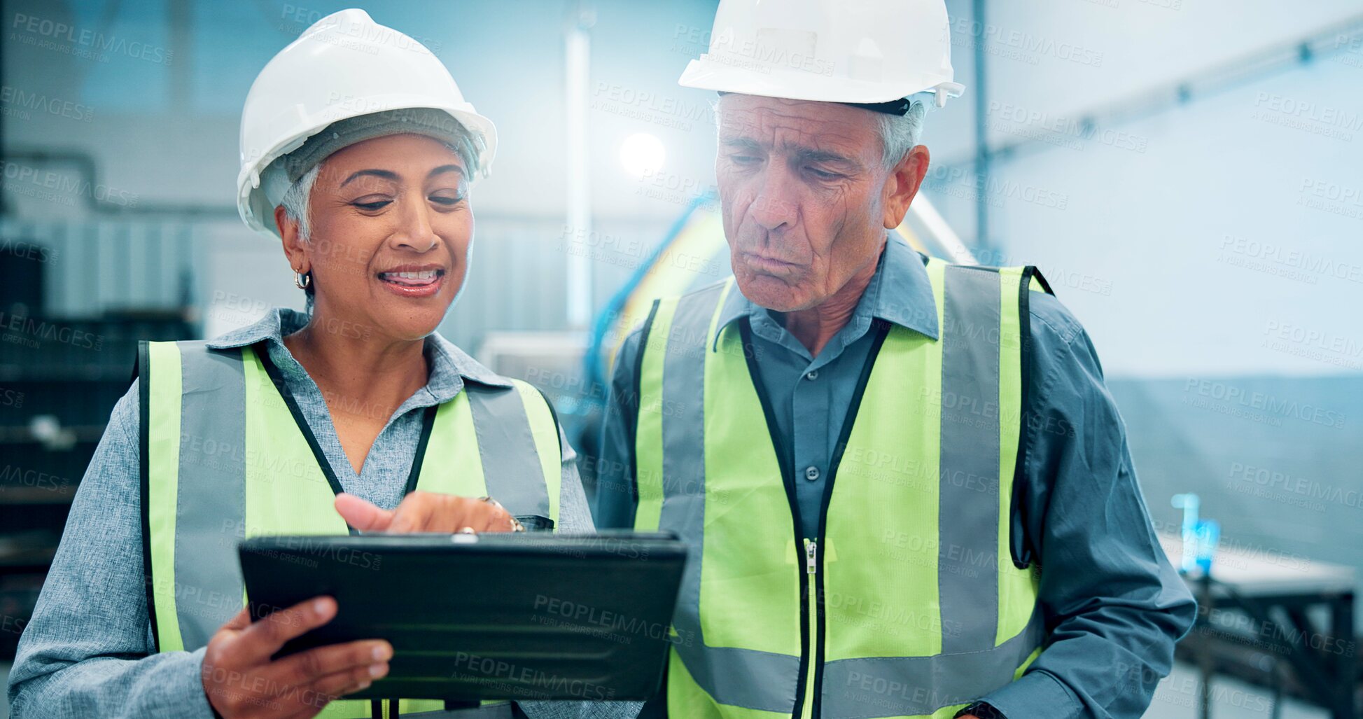 Buy stock photo People, robotics and conversation in factory, tablet and planning with software update. Employees, engineering and workers in lab, technician and advice with digital app, design review or inspection