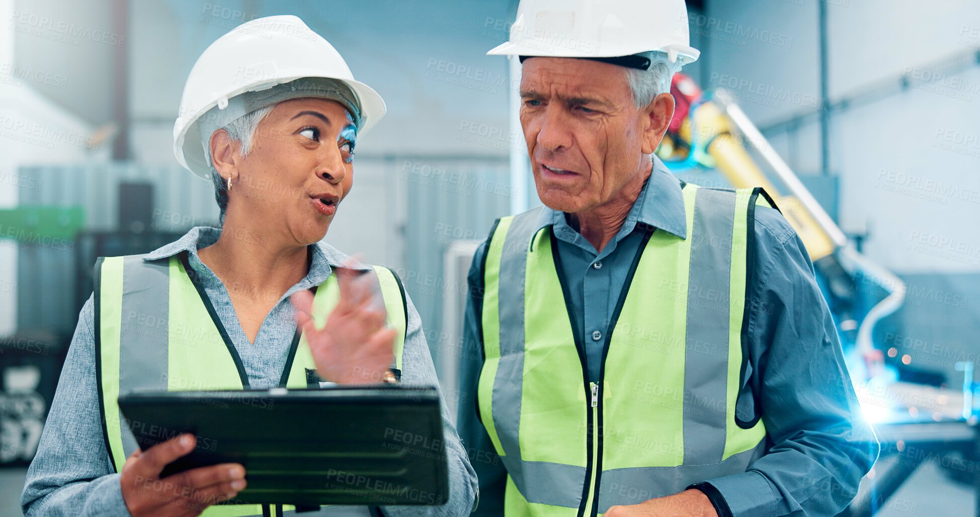 Buy stock photo People, robotics and planning in factory, tablet and conversation with machine automation. Employees, engineering and online schedule in lab, tech and meeting with app, design review or inspection