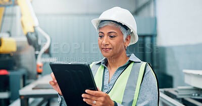 Buy stock photo Engineer, tablet and woman with robotics for production, control machine or assembly line in factory. High tech, automation and mature supervisor with manufacturing process, industry 4.0 and software