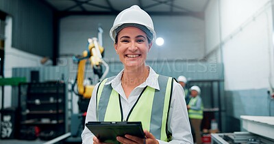 Buy stock photo Portrait, woman and tablet at robotics factory for machine inspection, research and technical guide. Female engineer, digital and manual for production, automation safety or manufacturing maintenance