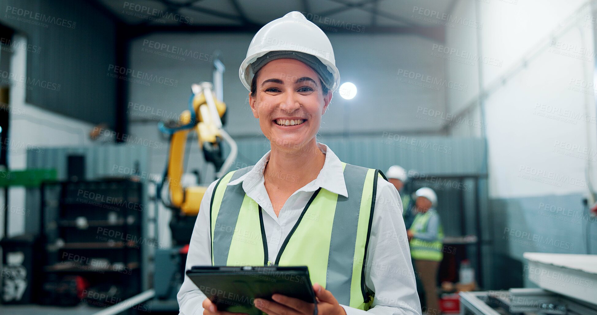 Buy stock photo Portrait, woman and tablet at robotics factory for machine inspection, research and technical guide. Female engineer, digital and manual for production, automation safety or manufacturing maintenance
