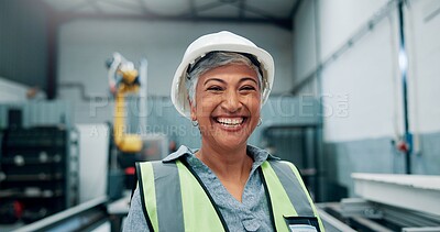 Buy stock photo Portrait, woman and engineer with smile for robotics production, manufacturing career and industry. Happy, mature person and technician with pride for automation, machine development and maintenance
