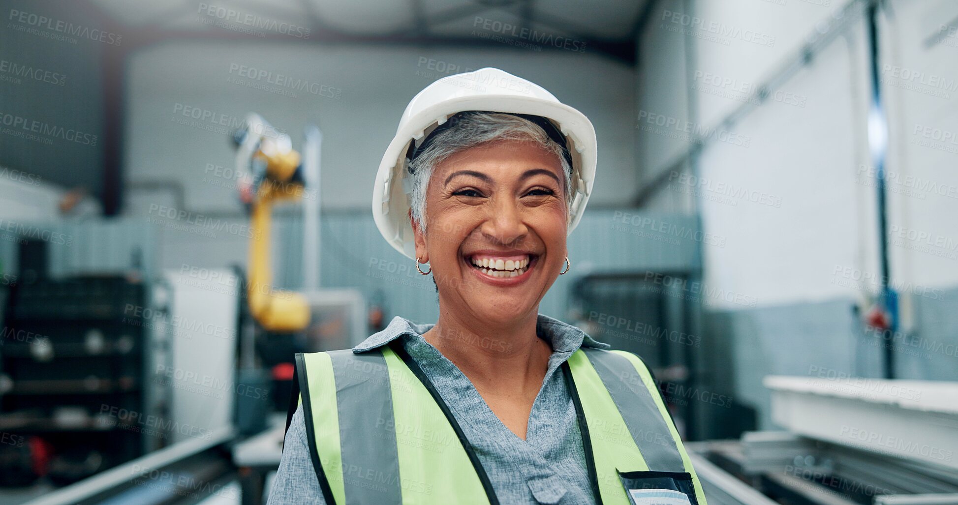 Buy stock photo Portrait, woman and engineer with smile for robotics production, manufacturing career and industry. Happy, mature person and technician with pride for automation, machine development and maintenance