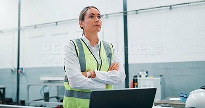 Buy stock photo Engineer, problem solving and woman in factory for robotics, manufacturing and planning. Thinking, automation and worker with idea for production, industry 4.0 or insight for innovation on laptop
