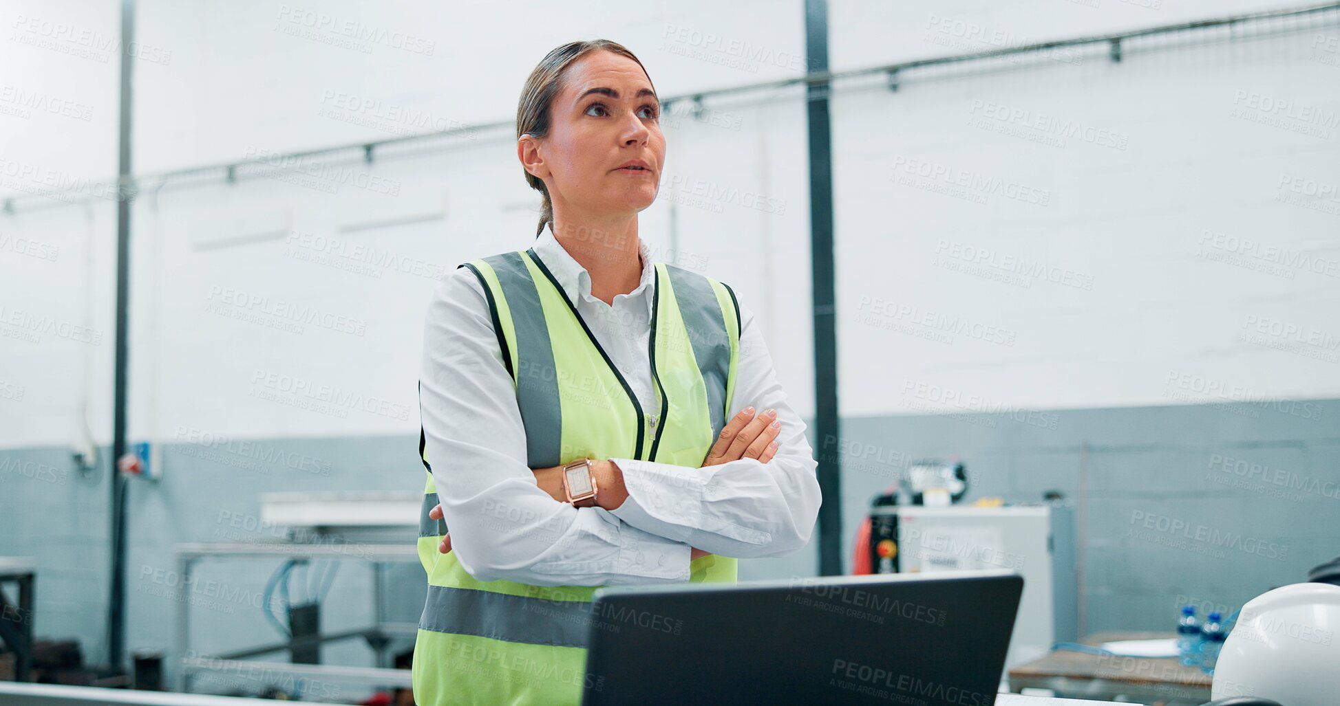 Buy stock photo Engineer, problem solving and woman in factory for robotics, manufacturing and planning. Thinking, automation and worker with idea for production, industry 4.0 or insight for innovation on laptop