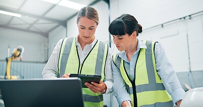 Buy stock photo Women, engineer team and tablet in meeting for planning, discussion or communication at factory. Female employees, collaboration and brainstorming for robotics with internet connection and safety ppe