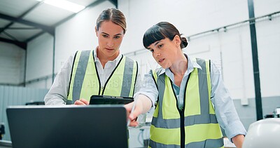 Buy stock photo Women, engineer and meeting with laptop at factory for planning, supply chain and inventory management. People, tablet and teamwork for manufacturing, logistics feedback and information of production