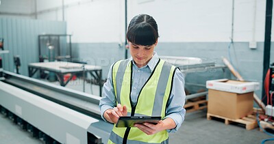 Buy stock photo Robotics, tablet and woman in factory, checklist and engineering with manufacturing process. Person, employee and female technician in workplace, app and connection with inspection and automation