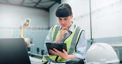 Buy stock photo Engineer, planning and woman on tablet for robotics, manufacturing or problem solving in factory. Technology, automation and serious worker thinking of production, industry 4.0 or insight with doubt