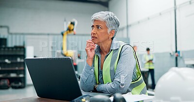 Buy stock photo Laptop, robotics and thinking with woman in workshop for manufacturing, problem solving or production. Computer, engineering process and troubleshooting with mature employee in plant for development
