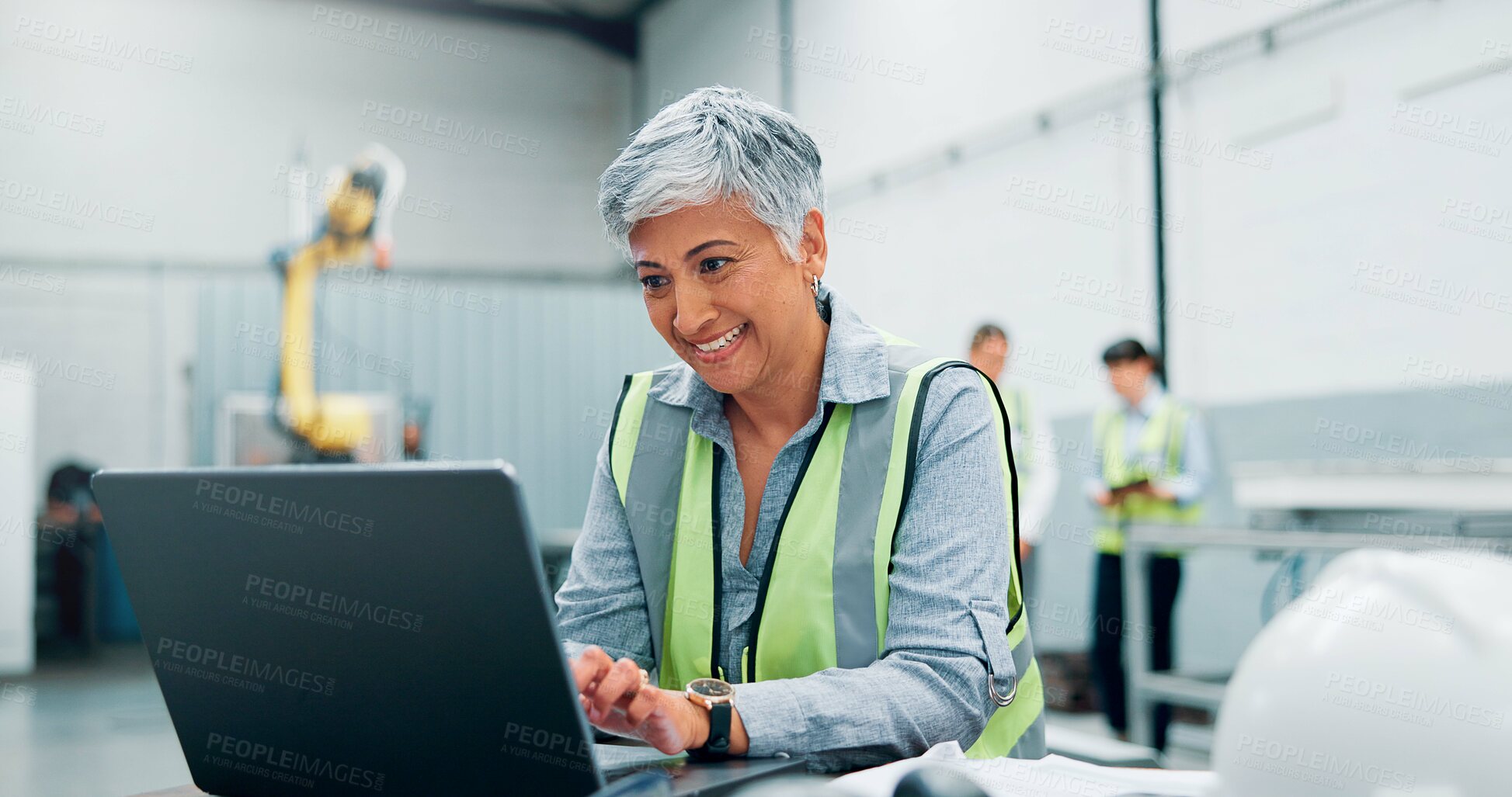 Buy stock photo Laptop, robotics and smile with woman in workshop for automation, manufacturing or production. Computer, design and engineering process  with happy mature employee in factory for tech development