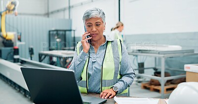 Buy stock photo Engineer, laptop and phone call in robotics factory for manufacturing schedule, planning and project management. Mature woman, operator and tech in industrial plant for automation update with contact
