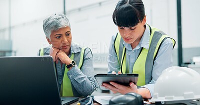 Buy stock photo Tablet, engineer team and women in meeting for planning, discussion or problem solving at factory. Female employees, collaboration and brainstorming online with technology, software and programming
