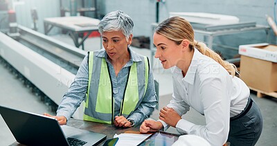 Buy stock photo Women, engineer team and laptop in meeting for planning, discussion or communication at factory. Female employees, collaboration and brainstorming for robotics with internet, software and programming