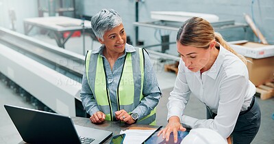 Buy stock photo Engineer team, women and technology in meeting for planning, discussion or communication at factory. Female employees, collaboration and brainstorming for robotics with internet, software or research