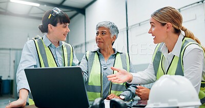 Buy stock photo Women, engineers and laptop with team for planning, discussion and communication at factory. Female employees, collaboration and production brainstorming for design on internet or connection and ppe