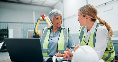Buy stock photo Women team, engineer and technology in meeting for planning, talking or communication at factory. Female employees, collaboration and brainstorming for robotics at warehouse for innovation software
