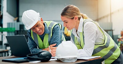 Buy stock photo Teamwork, engineers and laptop with notes for planning, discussion and communication at factory. Woman, mentor man and writing for brainstorming, problem solving and engineering with safety ppe