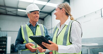 Buy stock photo Smile, people and engineer with tablet at factory for planning, supply chain and inventory management. Man, woman and teamwork with digital for manufacturing, logistics feedback and production design
