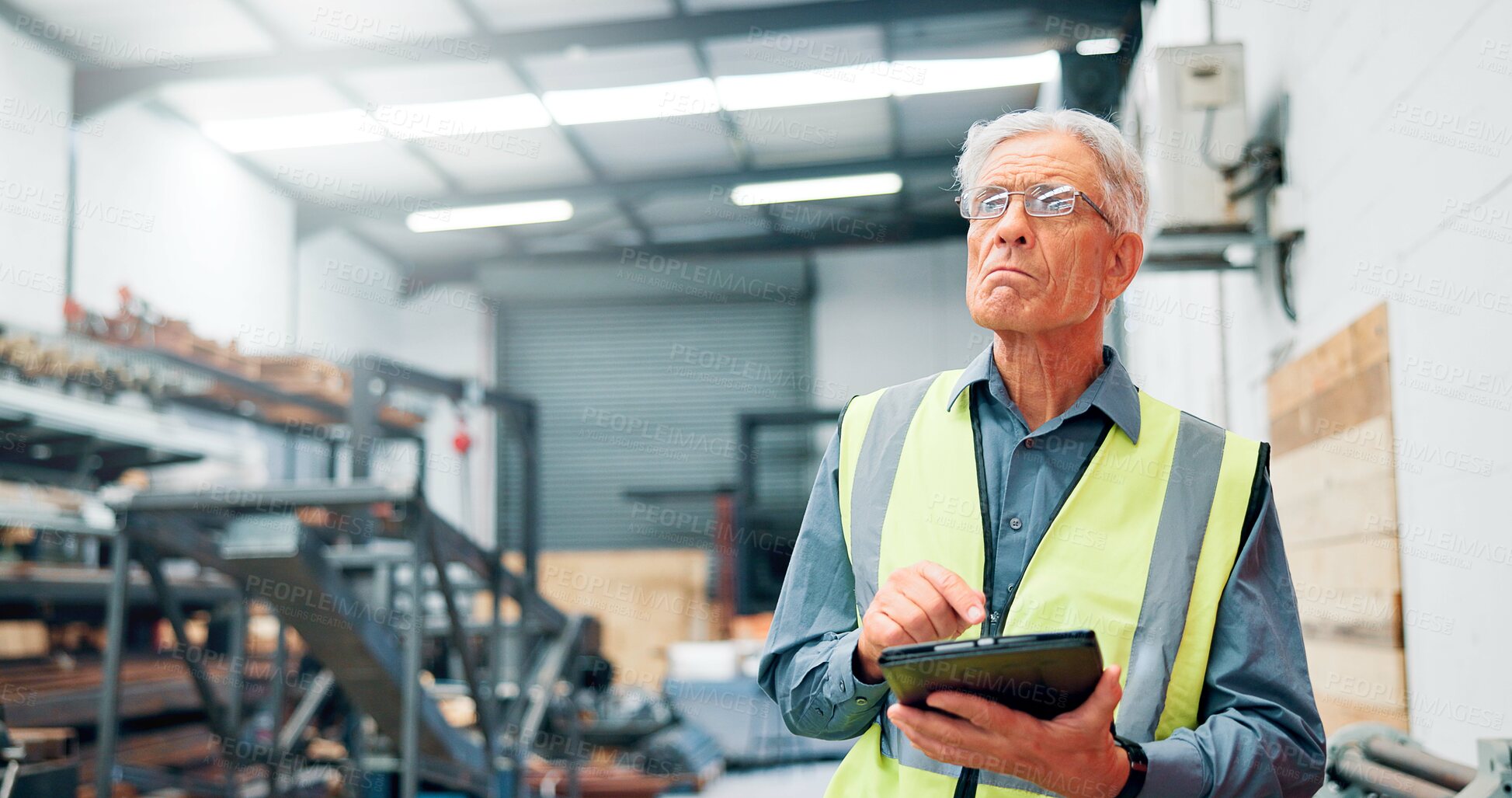 Buy stock photo Engineer, tablet or thinking in factory for manufacturing, distribution schedule or problem solving. Mature man, tech or operator in warehouse for inspection, industrial plant or automation software