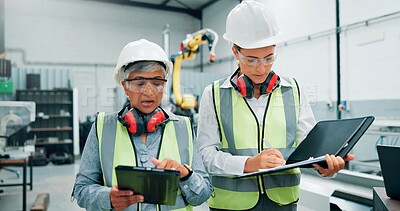 Buy stock photo Women, engineers and tablet with team for checklist, inspection and paperwork at factory. Female employees, collaboration and production with quality control, manager and robotics at warehouse