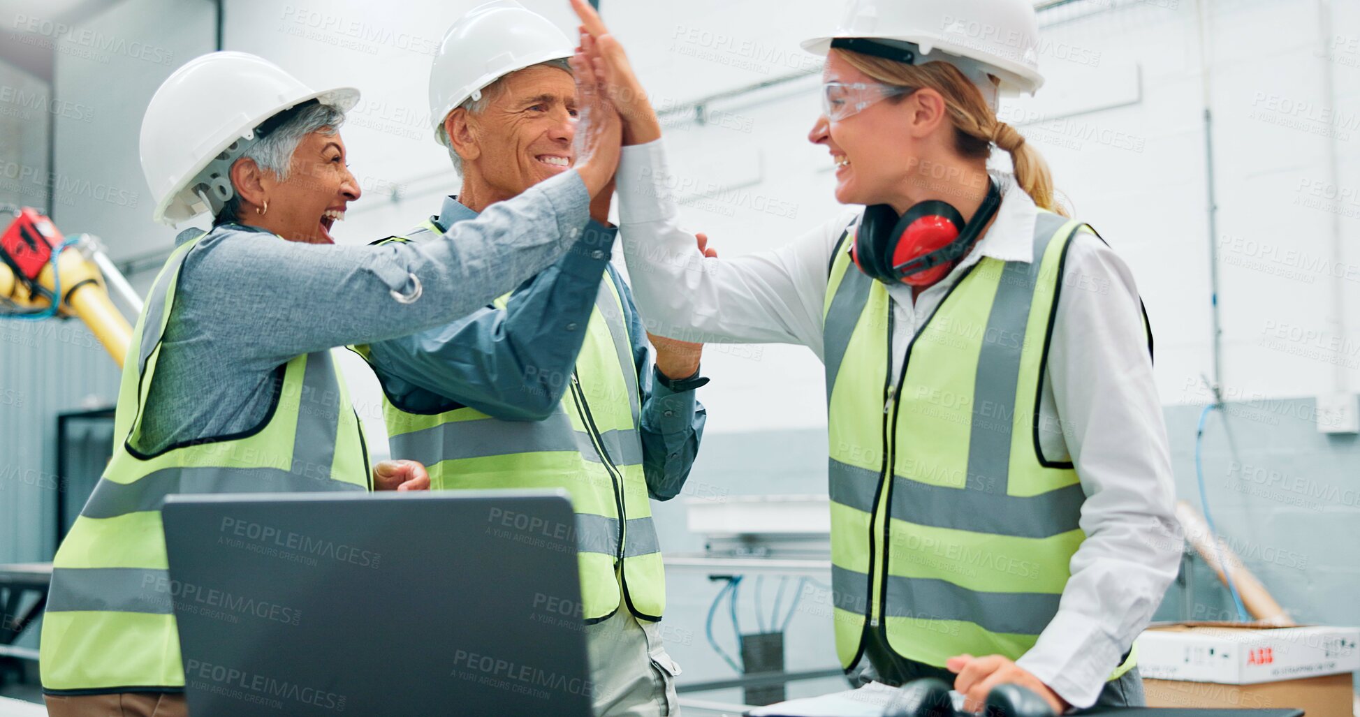 Buy stock photo Engineer people, teamwork and high five to celebrate success, innovation or win at factory. Employee women, man or collaboration for productivity, software engineering or happy in warehouse at laptop