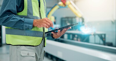 Buy stock photo Hands, man and tablet at machine factory for research, robotics update and technical guide. Male engineer, digital remote control and production manual, automation safety and process of manufacturing