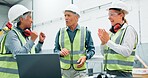 Teamwork, engineer people and applause to celebrate for success, innovation and win at factory. Employee women, man and collaboration for productivity, software engineering and clapping hands