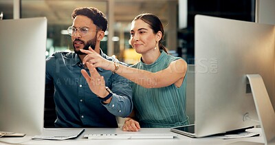 Buy stock photo Night, cooperation and business people in office, computer or editing approval with copywriting. Employees, planning or journalist with online magazine, evening or pc with email or company website