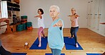 Elderly woman, stretching and arms in yoga class for fitness, exercise and mindfulness for wellness. Portrait, senior person and pilates lesson for spiritual healing, balance and group at health club