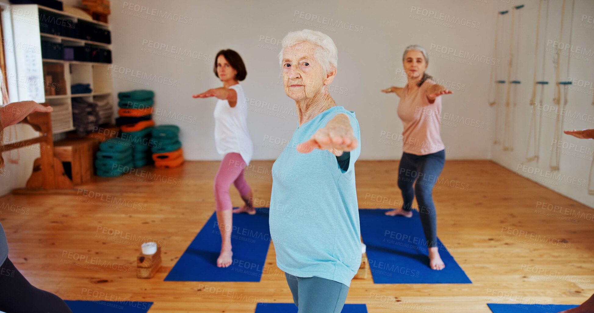 Buy stock photo Elderly woman, stretching and arms in yoga class for fitness, exercise and community for wellness. Portrait, senior person and pilates lesson for spiritual healing, balance and group at health club