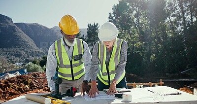 Buy stock photo People, architect and reading blueprint for construction, floor plan and collaboration for building layout. Mature team, document and information for compliance, infrastructure design and development