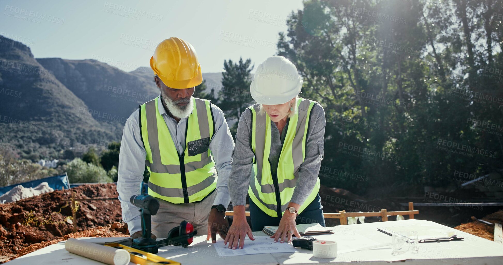 Buy stock photo People, architect and reading blueprint for construction, floor plan and collaboration for building layout. Mature team, document and information for compliance, infrastructure design and development