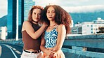 Women, fashion and portrait of friends with streetwear, edgy clothes or confident in city. Cool, trendy and girls outdoor together with sunglasses, urban outfit or serious with gen z style for swag