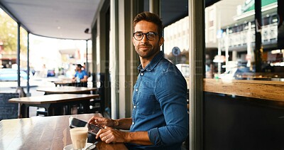 Buy stock photo Customer, man and happy with portrait at cafe for coffee break, online research or remote work. Freelancer, person or smile with digital tablet at bistro for networking, email and check notifications
