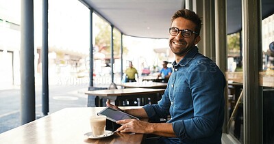 Buy stock photo Portrait, remote work and tablet with man in cafe to research for small business startup. App, smile and website with happy freelance employee at table of coffee shop or restaurant as customer